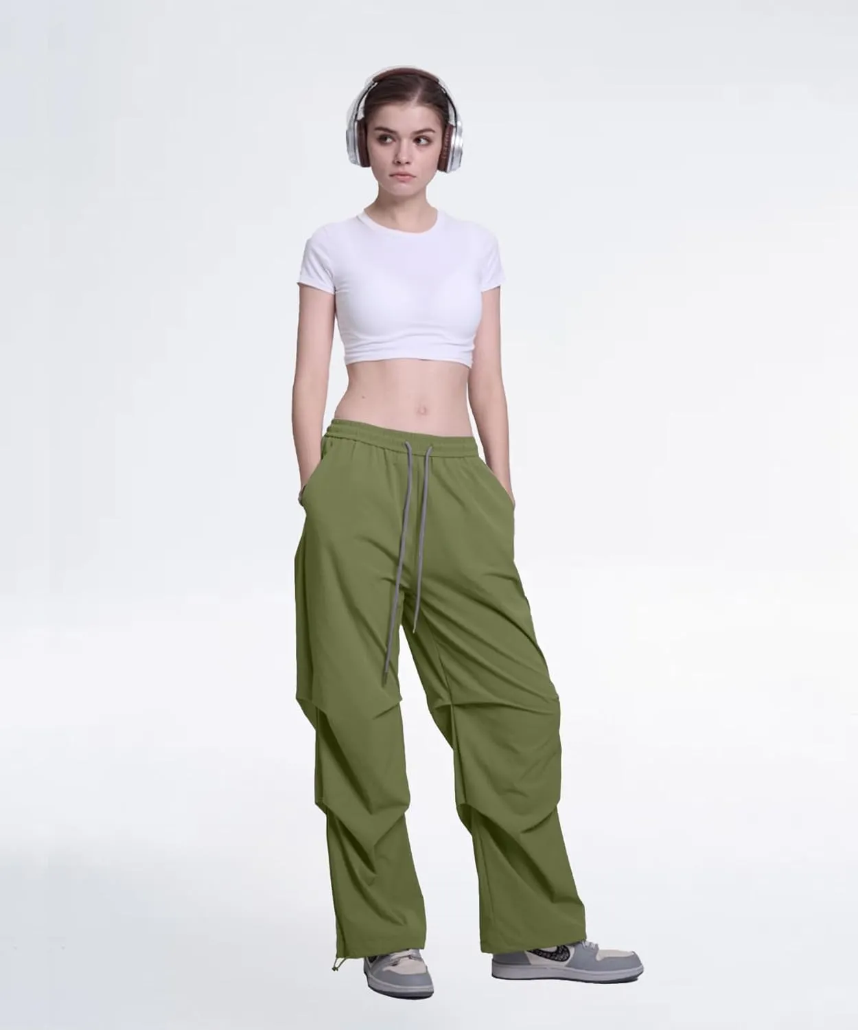 Women's Casual Parachute Pants Baggy Hiking Pants Drawstring Elastic Waist Track Y2K Trousers