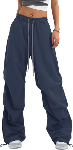 Women's Casual Parachute Pants Baggy Hiking Pants Drawstring Elastic Waist Track Y2K Trousers