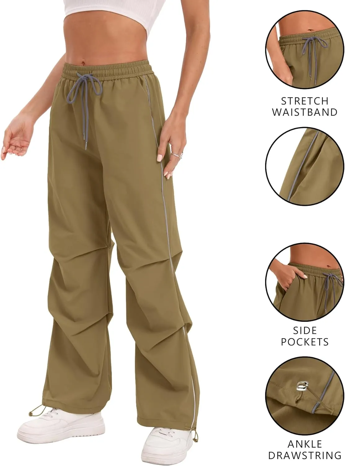 Women's Casual Parachute Pants Baggy Hiking Pants Drawstring Elastic Waist Track Y2K Trousers