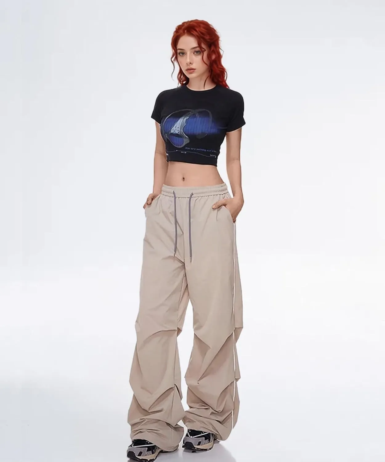Women's Casual Parachute Pants Baggy Hiking Pants Drawstring Elastic Waist Track Y2K Trousers