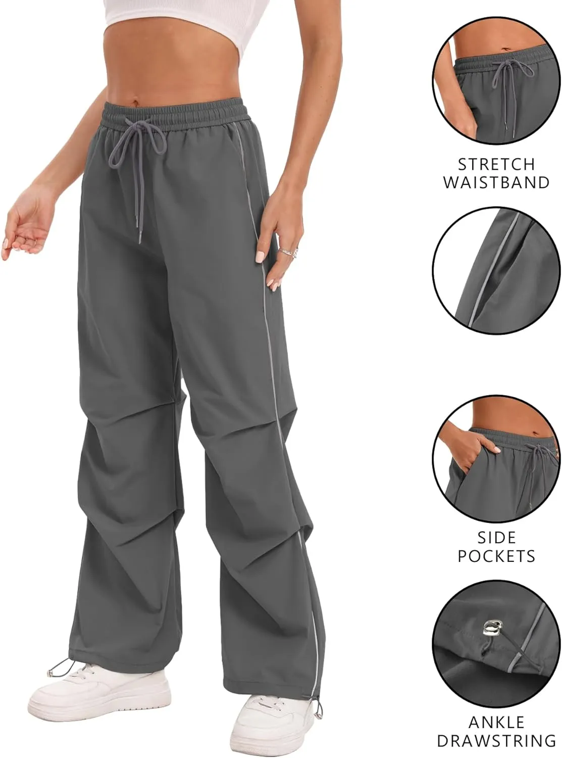 Women's Casual Parachute Pants Baggy Hiking Pants Drawstring Elastic Waist Track Y2K Trousers