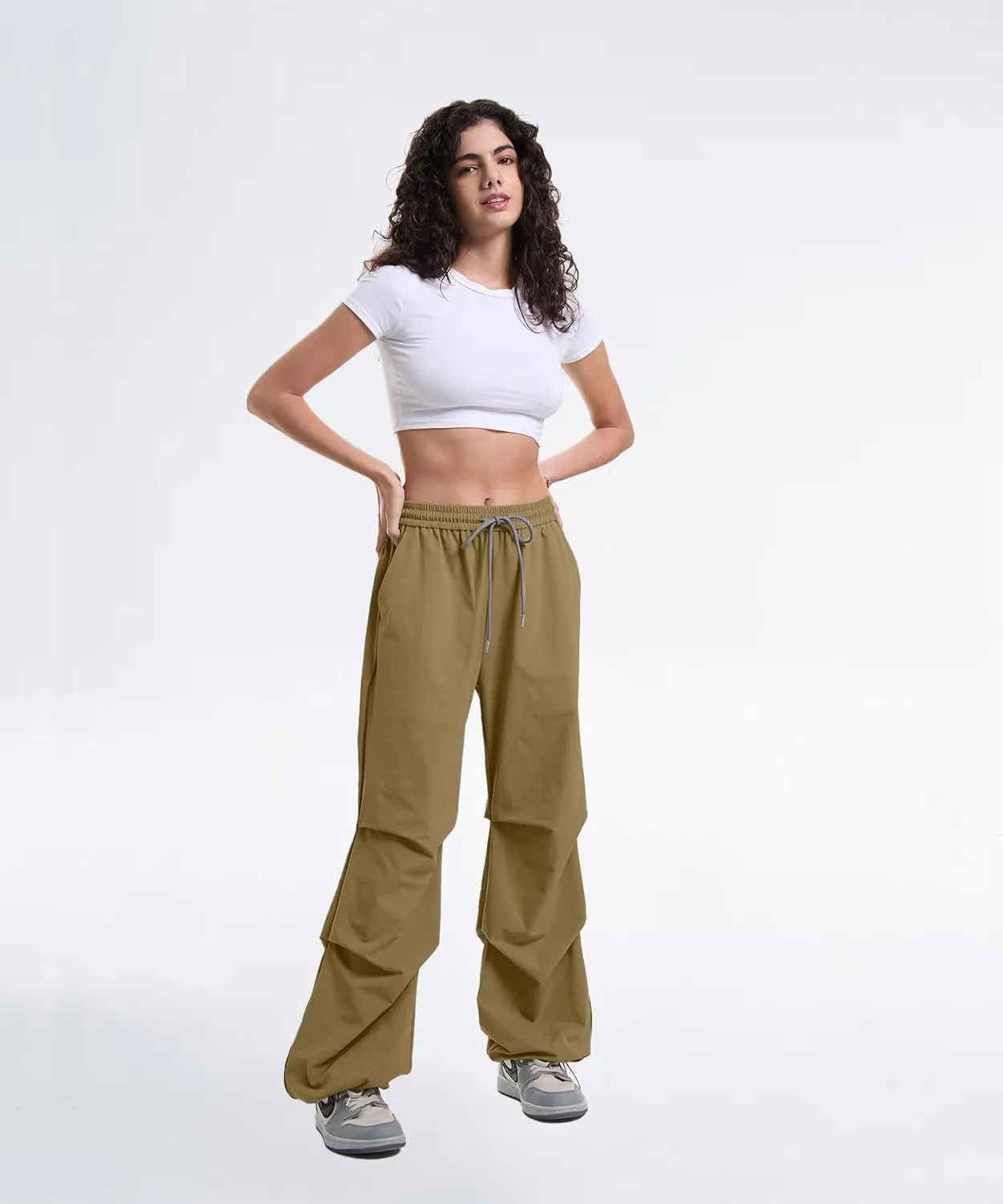 Women's Casual Parachute Pants Baggy Hiking Pants Drawstring Elastic Waist Track Y2K Trousers