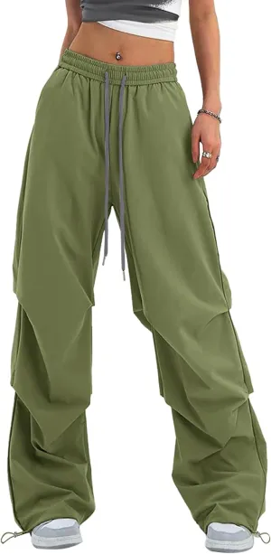 Women's Casual Parachute Pants Baggy Hiking Pants Drawstring Elastic Waist Track Y2K Trousers