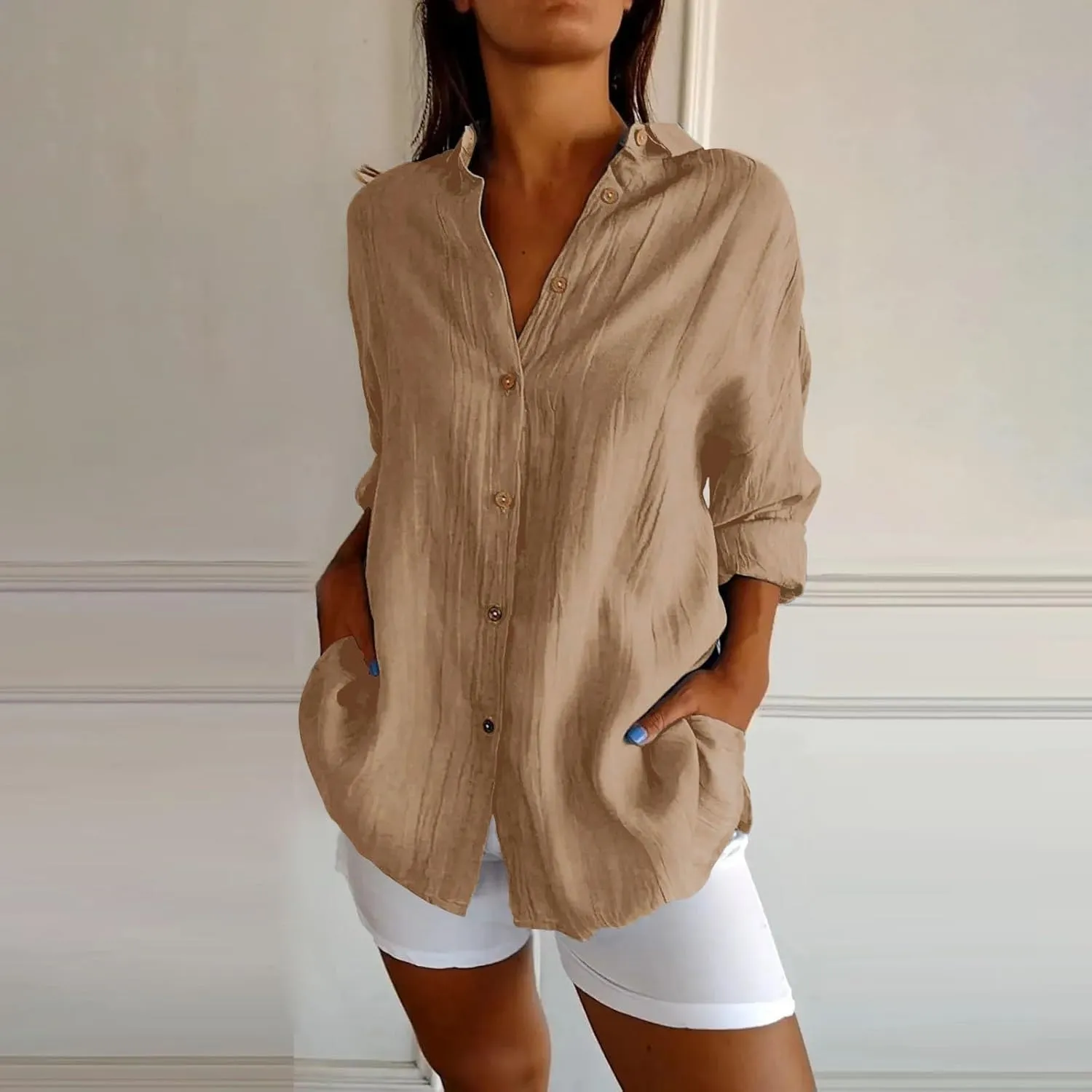 Womens Casual Shirts Cotton Linen Loose Singel Breasted Lapel Solid Business Blouse Daily Fashion Long Sleeve Shirts
