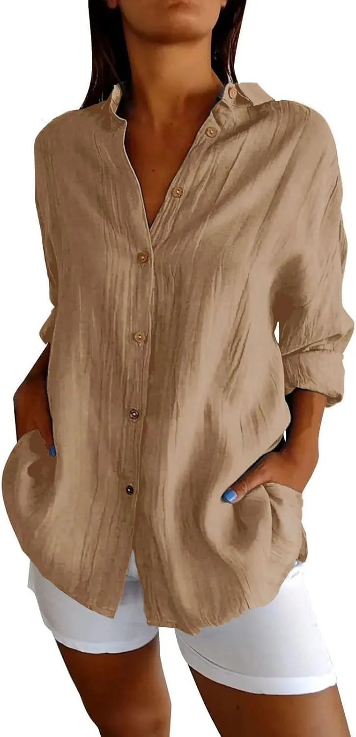 Womens Casual Shirts Cotton Linen Loose Singel Breasted Lapel Solid Business Blouse Daily Fashion Long Sleeve Shirts