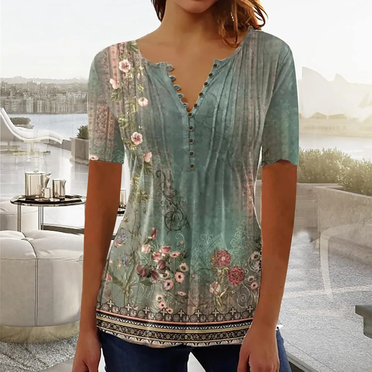 Womens Casual Summer Tunic Shirts Button v Neck Floral Print t-Shirt Empire Waist Fashion Tops Blouses