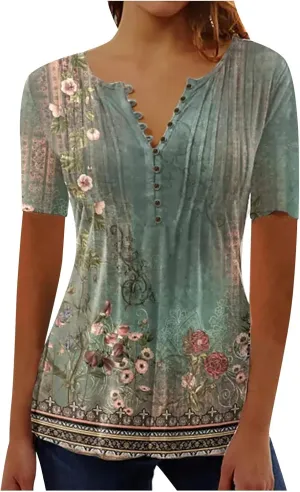 Womens Casual Summer Tunic Shirts Button v Neck Floral Print t-Shirt Empire Waist Fashion Tops Blouses