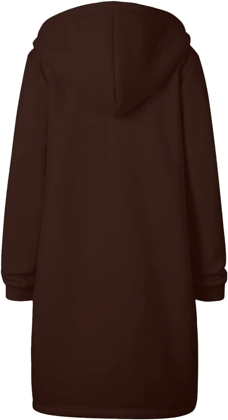 Womens Casual Zip Up Hoodies Fleece Tunic Long Sweatshirts Fall Winter Windproof Hooded Jacket Outerwear with Pockets