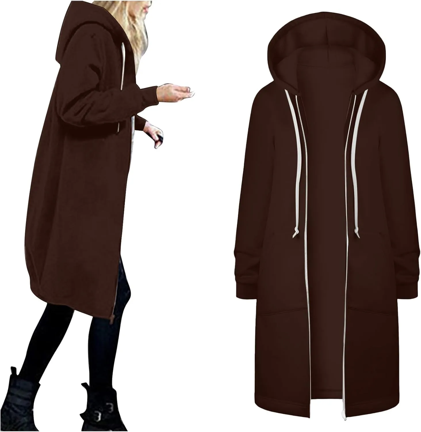 Womens Casual Zip Up Hoodies Fleece Tunic Long Sweatshirts Fall Winter Windproof Hooded Jacket Outerwear with Pockets