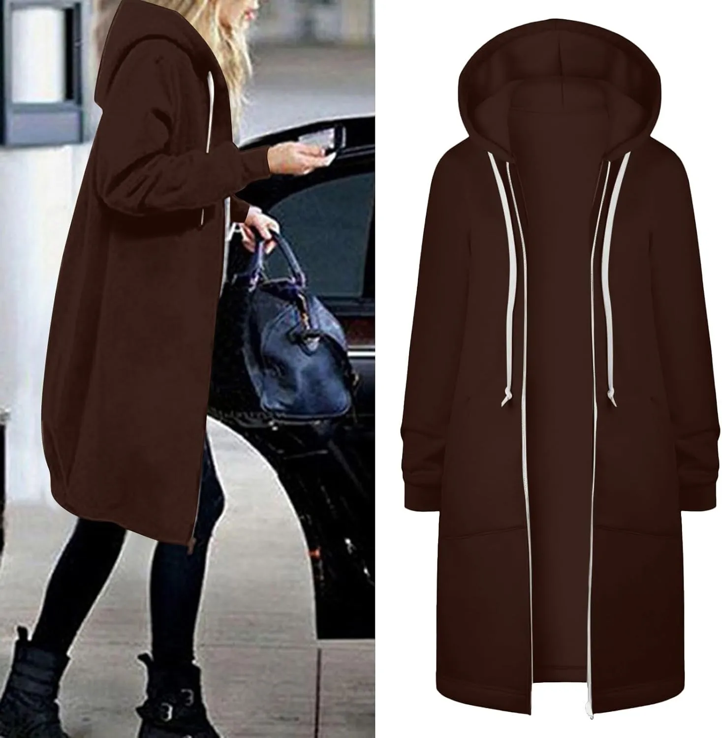 Womens Casual Zip Up Hoodies Fleece Tunic Long Sweatshirts Fall Winter Windproof Hooded Jacket Outerwear with Pockets