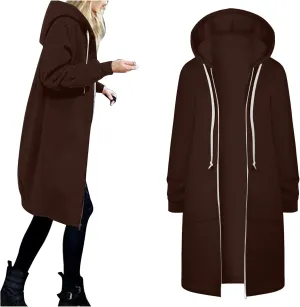 Womens Casual Zip Up Hoodies Fleece Tunic Long Sweatshirts Fall Winter Windproof Hooded Jacket Outerwear with Pockets