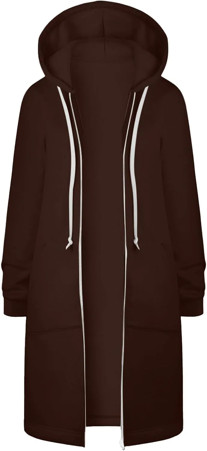 Womens Casual Zip Up Hoodies Fleece Tunic Long Sweatshirts Fall Winter Windproof Hooded Jacket Outerwear with Pockets