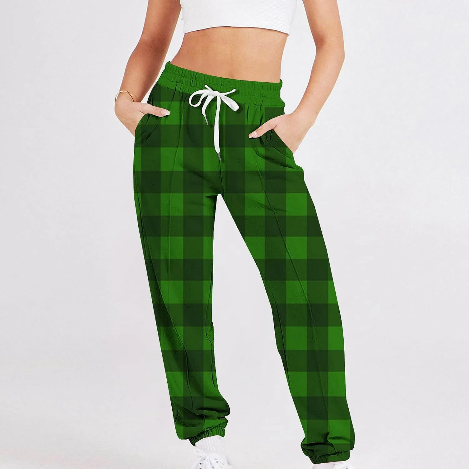 Women's Classic Plaid Printed Pants Drawstring Wide Leg Trouser Casual Sweatpants 2024 Loose Palazzo Lounge Trousers