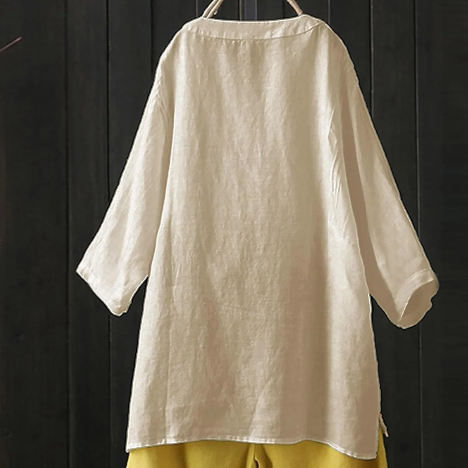 Womens Cotton Linen Shirts Solid 3/4 Sleeve Tunic Tops Oversized Tshirts Casual V Neck Dressy Blouses