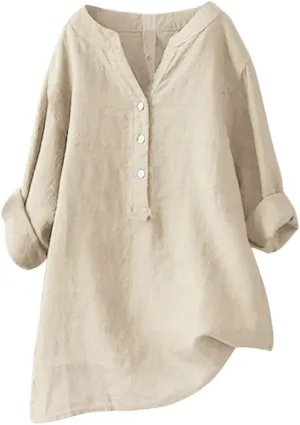 Womens Cotton Linen Shirts Solid 3/4 Sleeve Tunic Tops Oversized Tshirts Casual V Neck Dressy Blouses