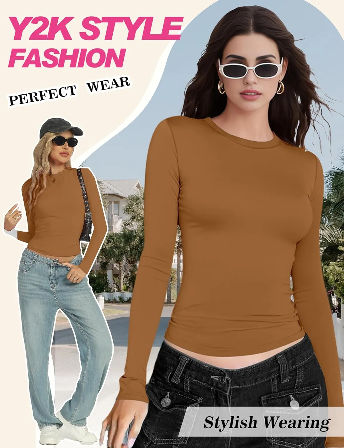 Womens Crew Neck Basic Long Sleeve T Shirt Slim Fit Tees 2025 Fall Y2k Going Out Crop Tops Cute Tight Shirts