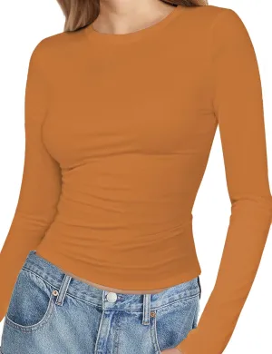 Womens Crew Neck Basic Long Sleeve T Shirt Slim Fit Tees 2025 Fall Y2k Going Out Crop Tops Cute Tight Shirts