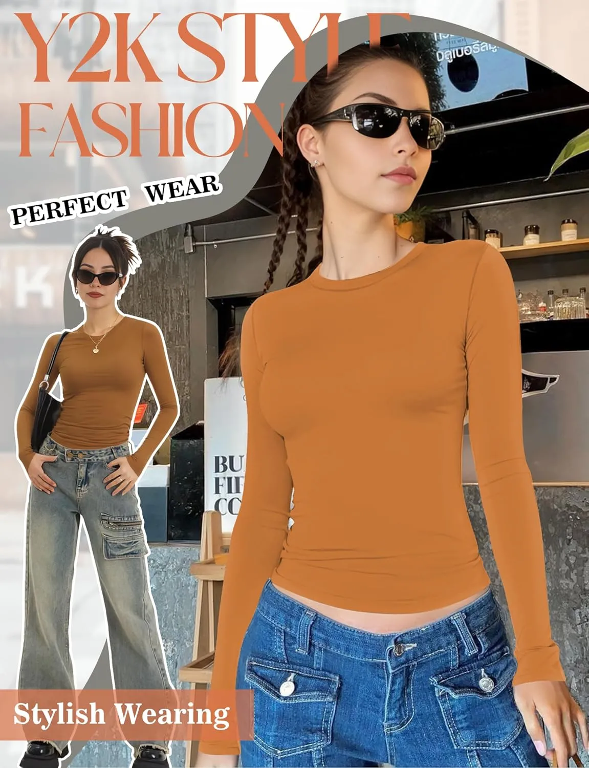 Womens Crew Neck Basic Long Sleeve T Shirt Slim Fit Tees 2025 Fall Y2k Going Out Crop Tops Cute Tight Shirts