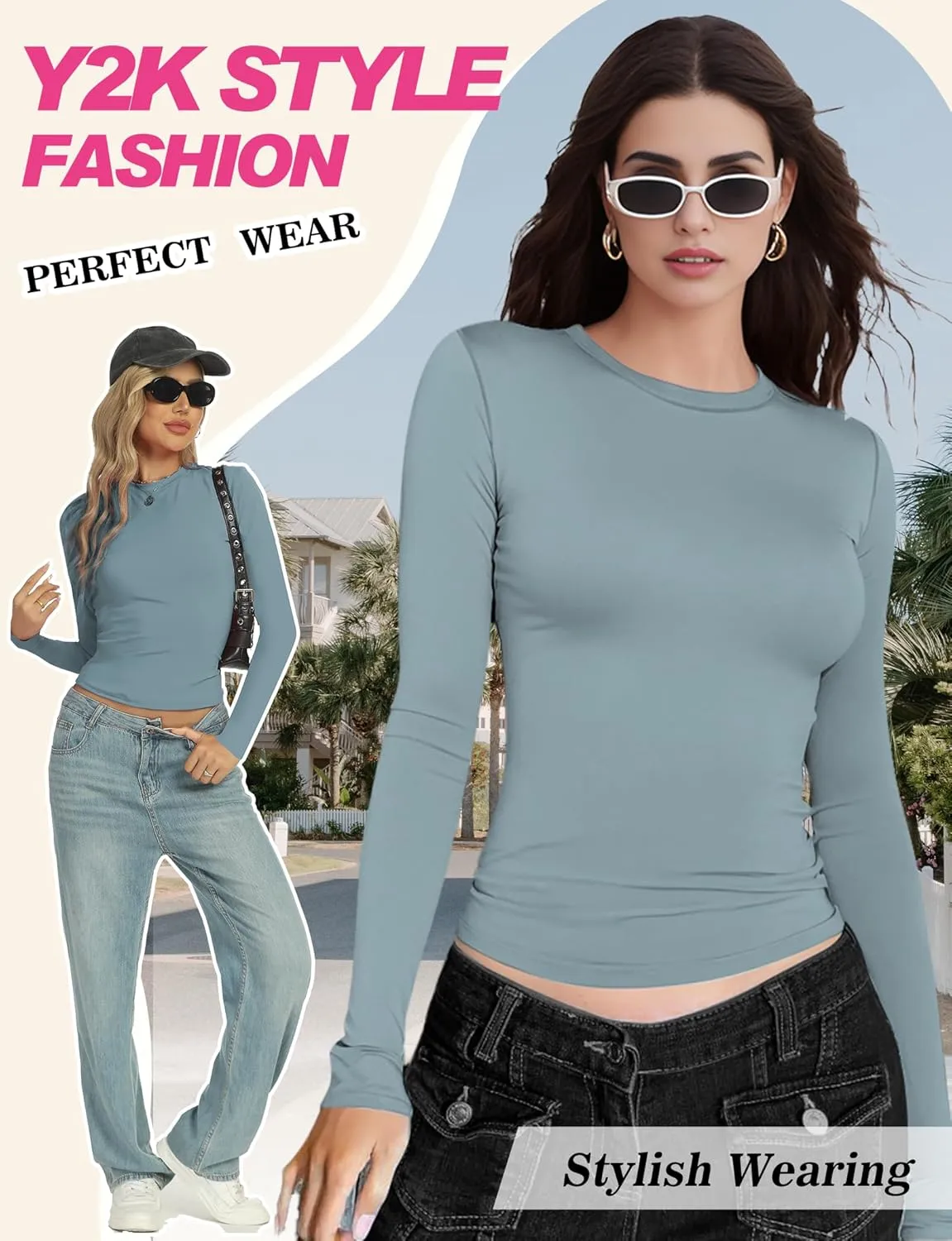 Womens Crew Neck Basic Long Sleeve T Shirt Slim Fit Tees 2025 Fall Y2k Going Out Crop Tops Cute Tight Shirts