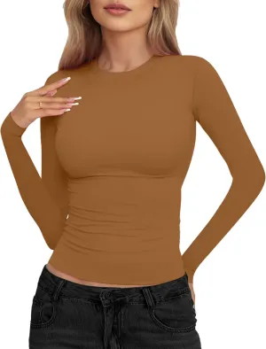 Womens Crew Neck Basic Long Sleeve T Shirt Slim Fit Tees 2025 Fall Y2k Going Out Crop Tops Cute Tight Shirts