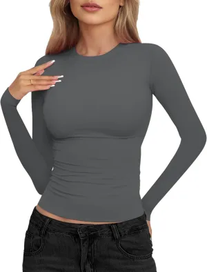 Womens Crew Neck Basic Long Sleeve T Shirt Slim Fit Tees 2025 Fall Y2k Going Out Crop Tops Cute Tight Shirts