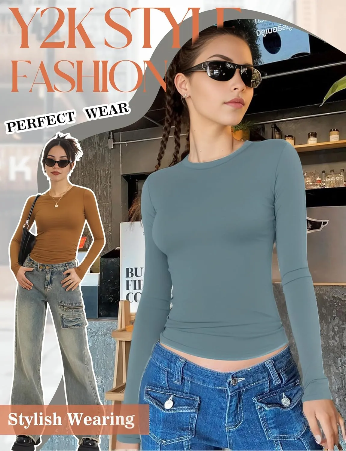 Womens Crew Neck Basic Long Sleeve T Shirt Slim Fit Tees 2025 Fall Y2k Going Out Crop Tops Cute Tight Shirts