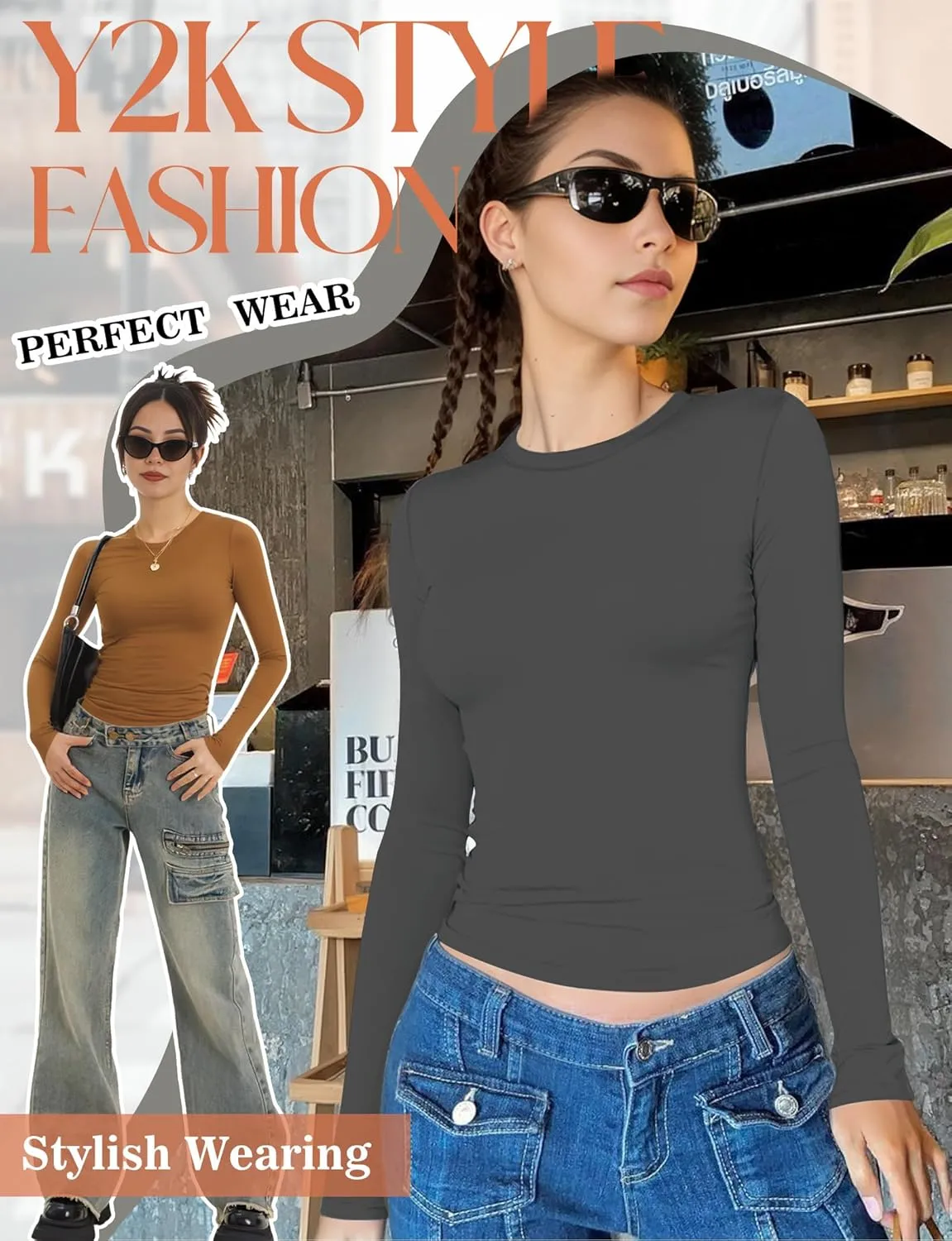 Womens Crew Neck Basic Long Sleeve T Shirt Slim Fit Tees 2025 Fall Y2k Going Out Crop Tops Cute Tight Shirts
