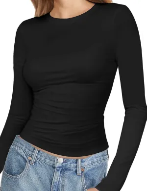 Womens Crew Neck Basic Long Sleeve T Shirt Slim Fit Tees 2025 Fall Y2k Going Out Crop Tops Cute Tight Shirts