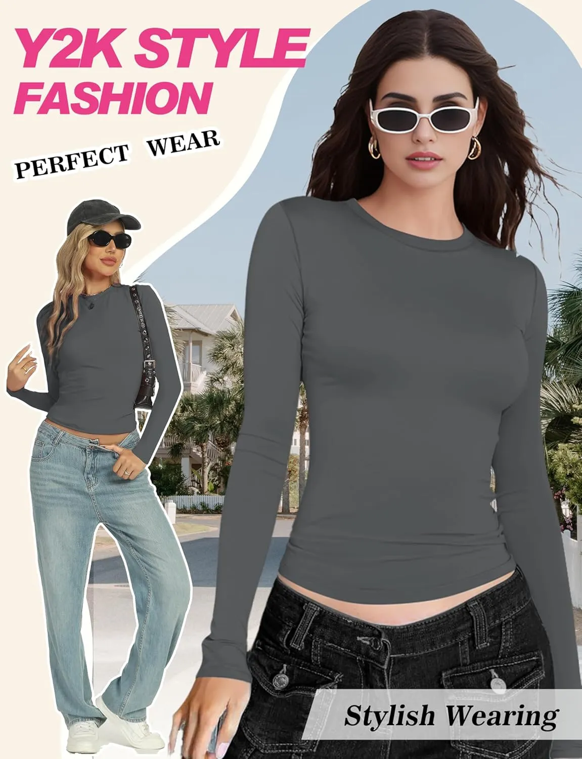 Womens Crew Neck Basic Long Sleeve T Shirt Slim Fit Tees 2025 Fall Y2k Going Out Crop Tops Cute Tight Shirts