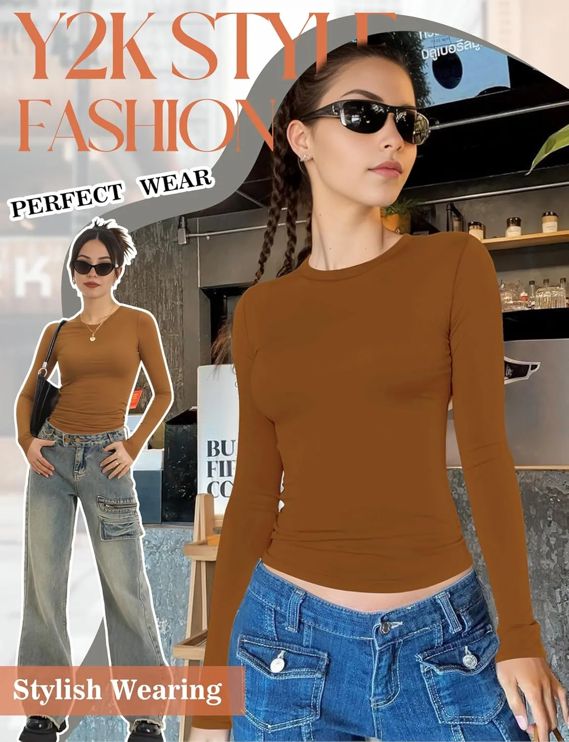 Womens Crew Neck Basic Long Sleeve T Shirt Slim Fit Tees 2025 Fall Y2k Going Out Crop Tops Cute Tight Shirts