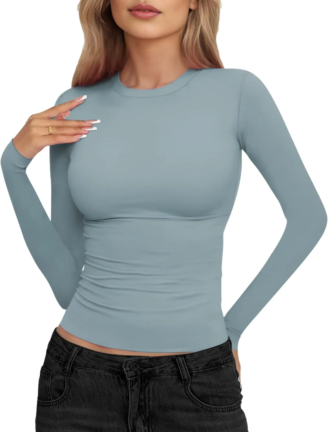 Womens Crew Neck Basic Long Sleeve T Shirt Slim Fit Tees 2025 Fall Y2k Going Out Crop Tops Cute Tight Shirts