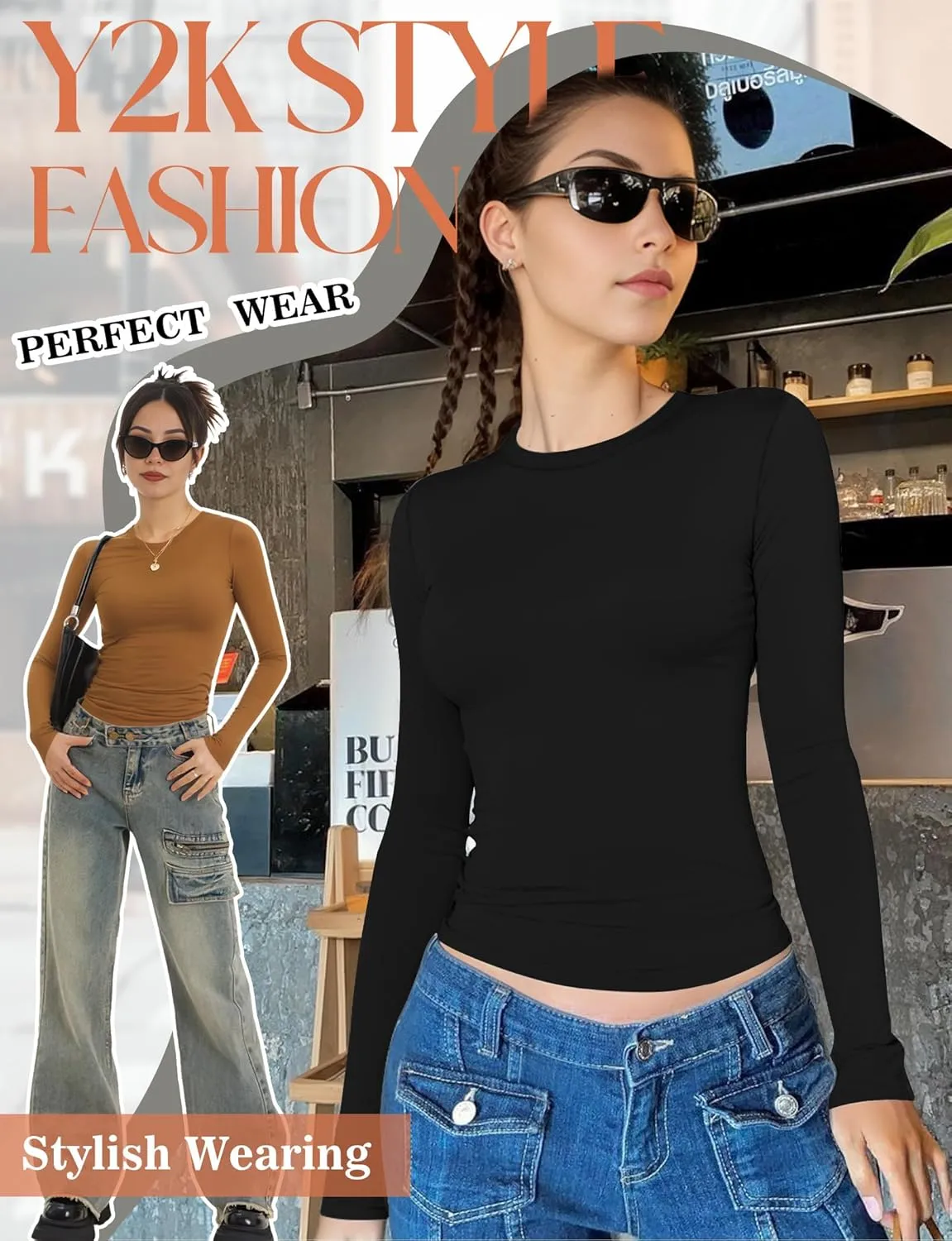 Womens Crew Neck Basic Long Sleeve T Shirt Slim Fit Tees 2025 Fall Y2k Going Out Crop Tops Cute Tight Shirts