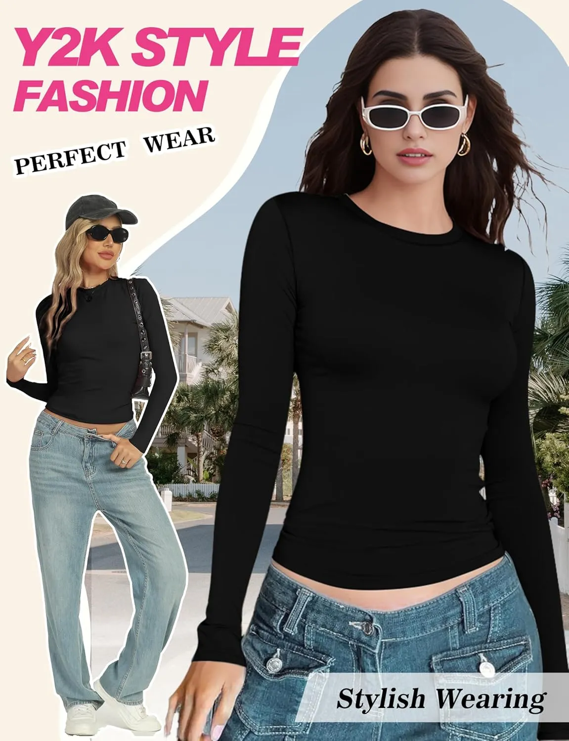 Womens Crew Neck Basic Long Sleeve T Shirt Slim Fit Tees 2025 Fall Y2k Going Out Crop Tops Cute Tight Shirts