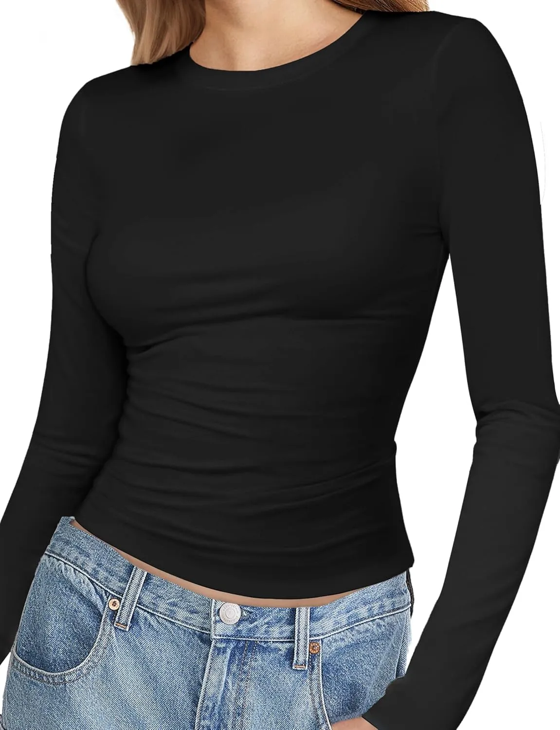 Womens Crew Neck Basic Long Sleeve T Shirt Slim Fit Tees 2025 Fall Y2k Going Out Crop Tops Cute Tight Shirts