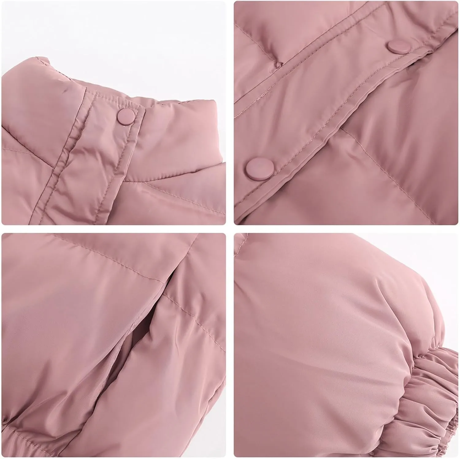 Women's Cropped Puffer Jackets Full Zip Snaps Stand Collar Padded Down Coat Winter Fashion Fluffy Warm Quilted Jacket