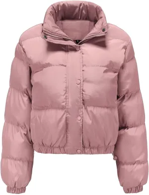 Women's Cropped Puffer Jackets Full Zip Snaps Stand Collar Padded Down Coat Winter Fashion Fluffy Warm Quilted Jacket