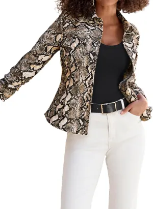 Women's Denim Jacket Long Sleeve Button Down Snakeskin Shape Coppered Jean Coats