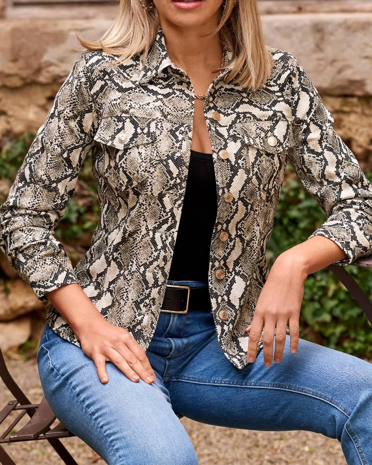 Women's Denim Jacket Long Sleeve Button Down Snakeskin Shape Coppered Jean Coats