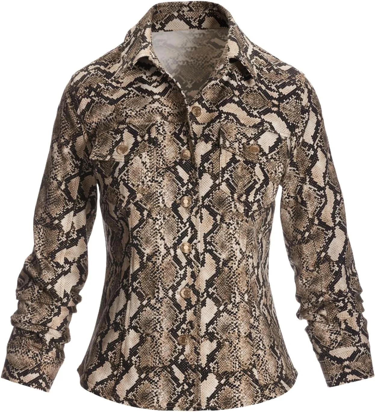 Women's Denim Jacket Long Sleeve Button Down Snakeskin Shape Coppered Jean Coats