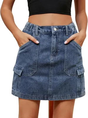 Womens Denim Mini Trendy High Waisted Jean Skirts, High Waisted Stretchy Jean Shorts Casual Slim Fit Short Skirts with Pocket
