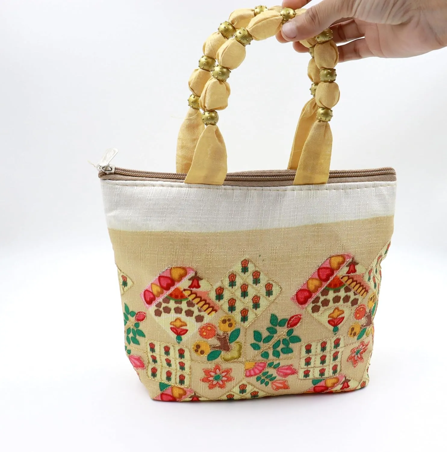 Womens Designer Embroidery Handbag Handmade Satin Bags for Wedding Party Fancy Purse with Top Handle