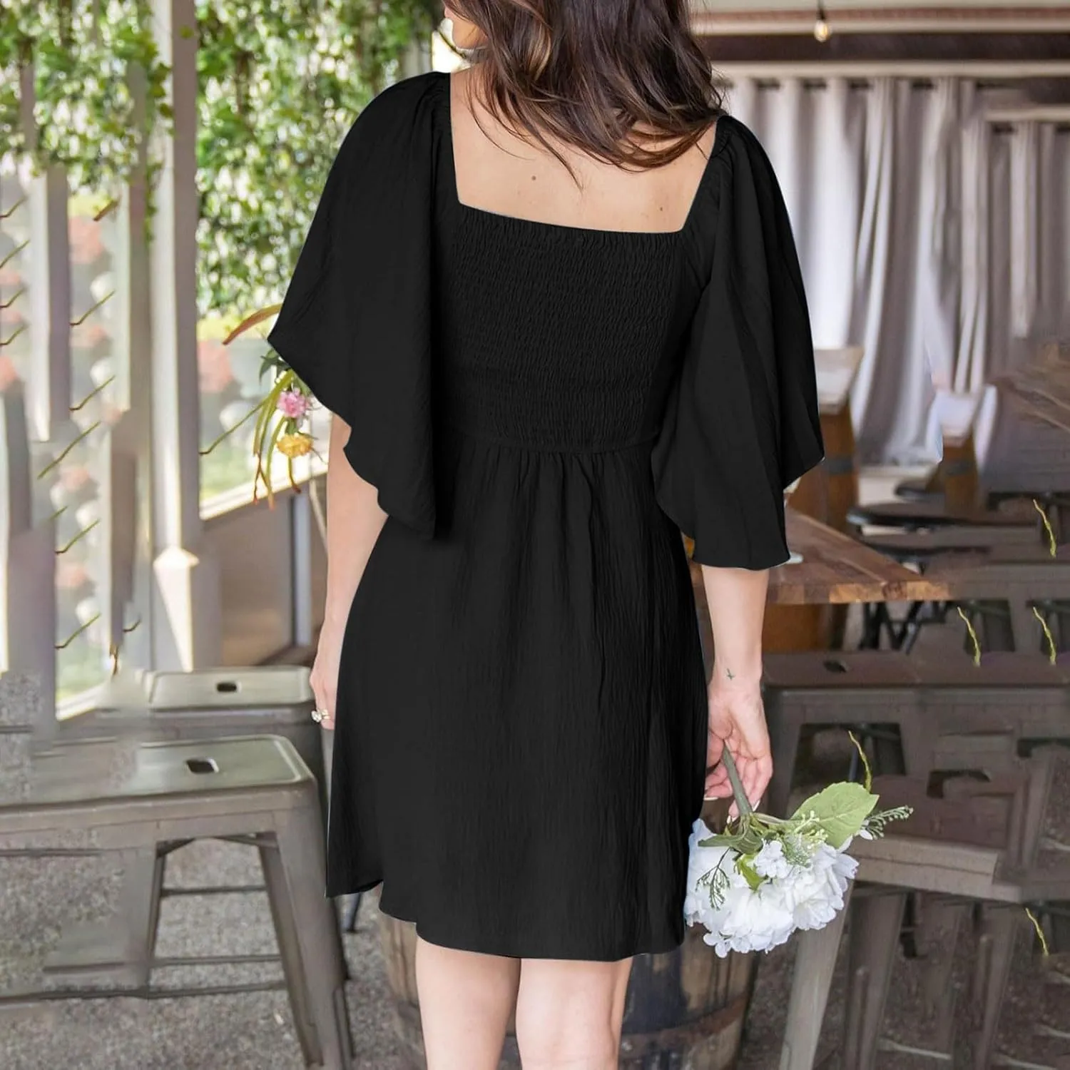 Womens Dresses 2024 Spring Summer Deep V Neck Elegant Bow Tie Mini Dress Short Sleeve Solid Casual Graduation Dress