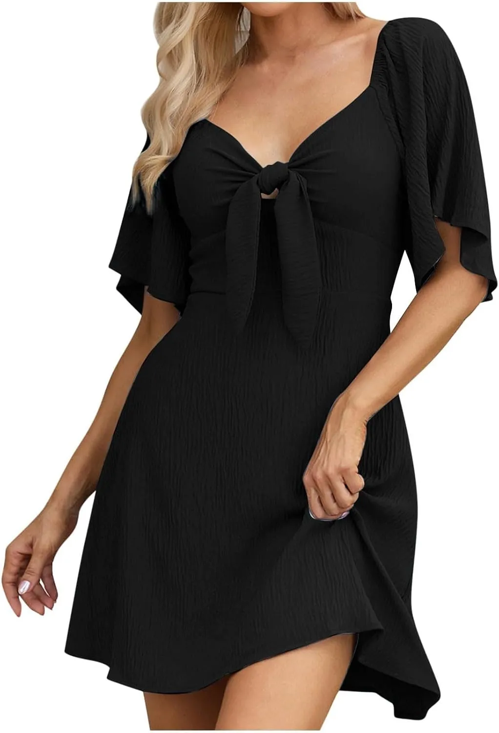 Womens Dresses 2024 Spring Summer Deep V Neck Elegant Bow Tie Mini Dress Short Sleeve Solid Casual Graduation Dress