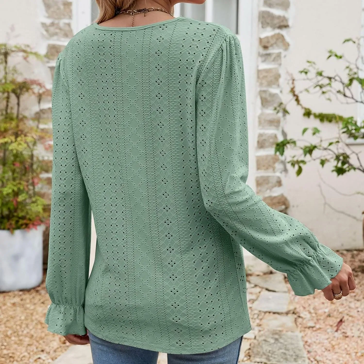 Womens Elegant T Shirts Casual Hollow Out Embroidered Ruffle Trim Long Sleeve Blouse Fashion V Neck Party Holiday Top