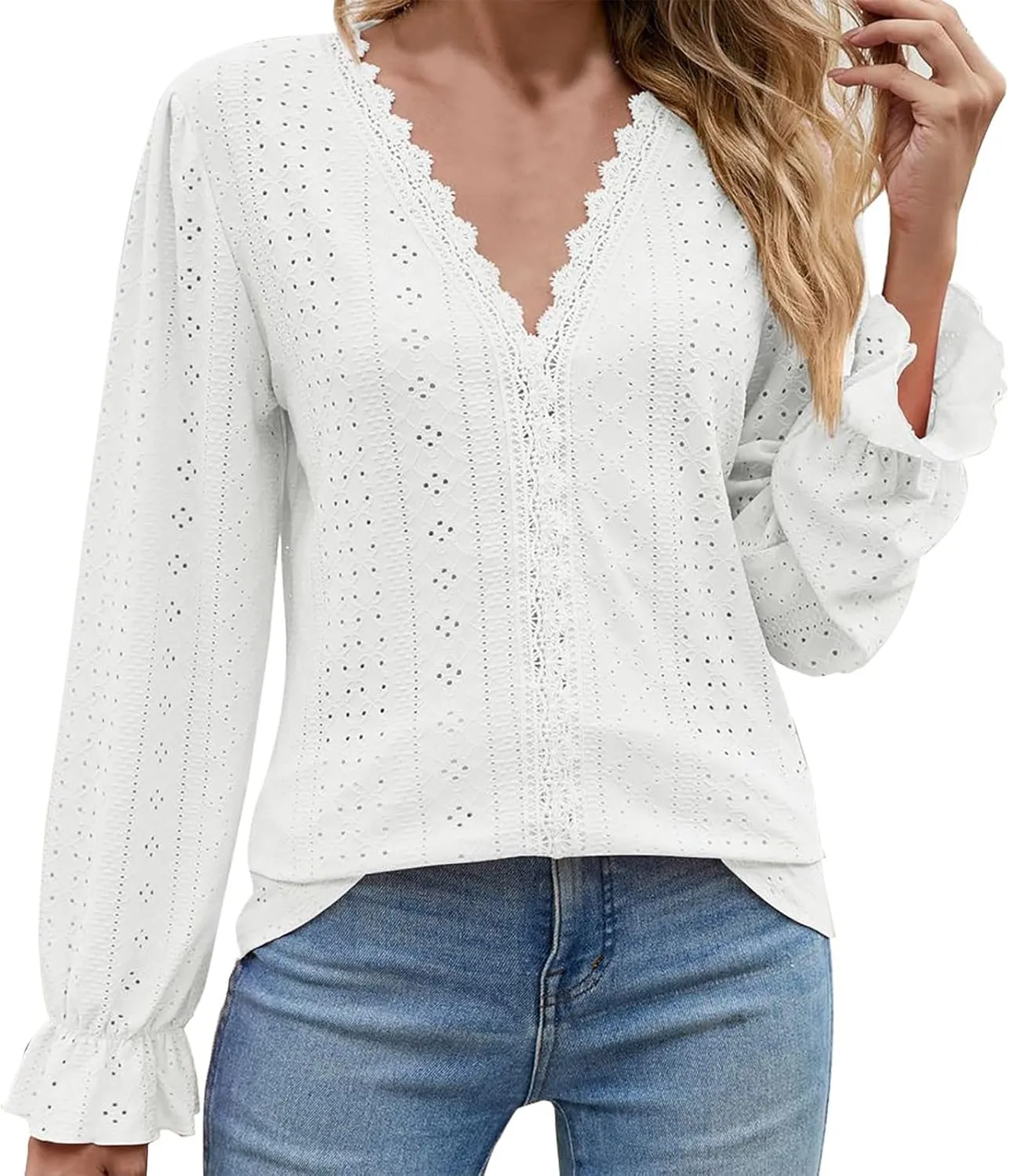 Womens Elegant T Shirts Casual Hollow Out Embroidered Ruffle Trim Long Sleeve Blouse Fashion V Neck Party Holiday Top