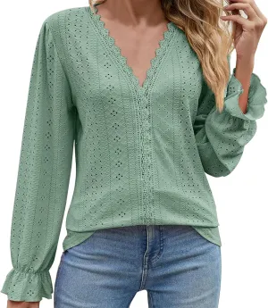 Womens Elegant T Shirts Casual Hollow Out Embroidered Ruffle Trim Long Sleeve Blouse Fashion V Neck Party Holiday Top
