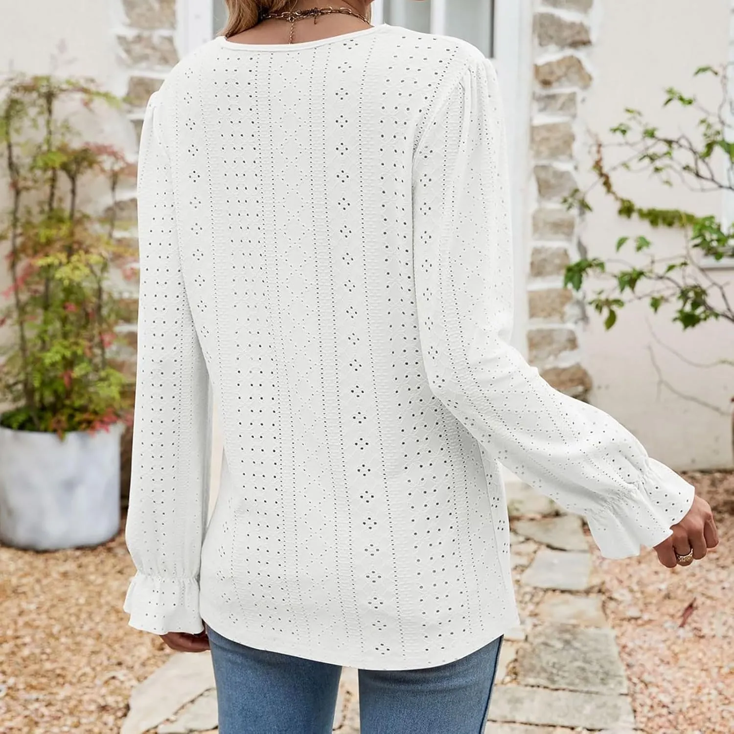 Womens Elegant T Shirts Casual Hollow Out Embroidered Ruffle Trim Long Sleeve Blouse Fashion V Neck Party Holiday Top
