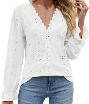 Womens Elegant T Shirts Casual Hollow Out Embroidered Ruffle Trim Long Sleeve Blouse Fashion V Neck Party Holiday Top