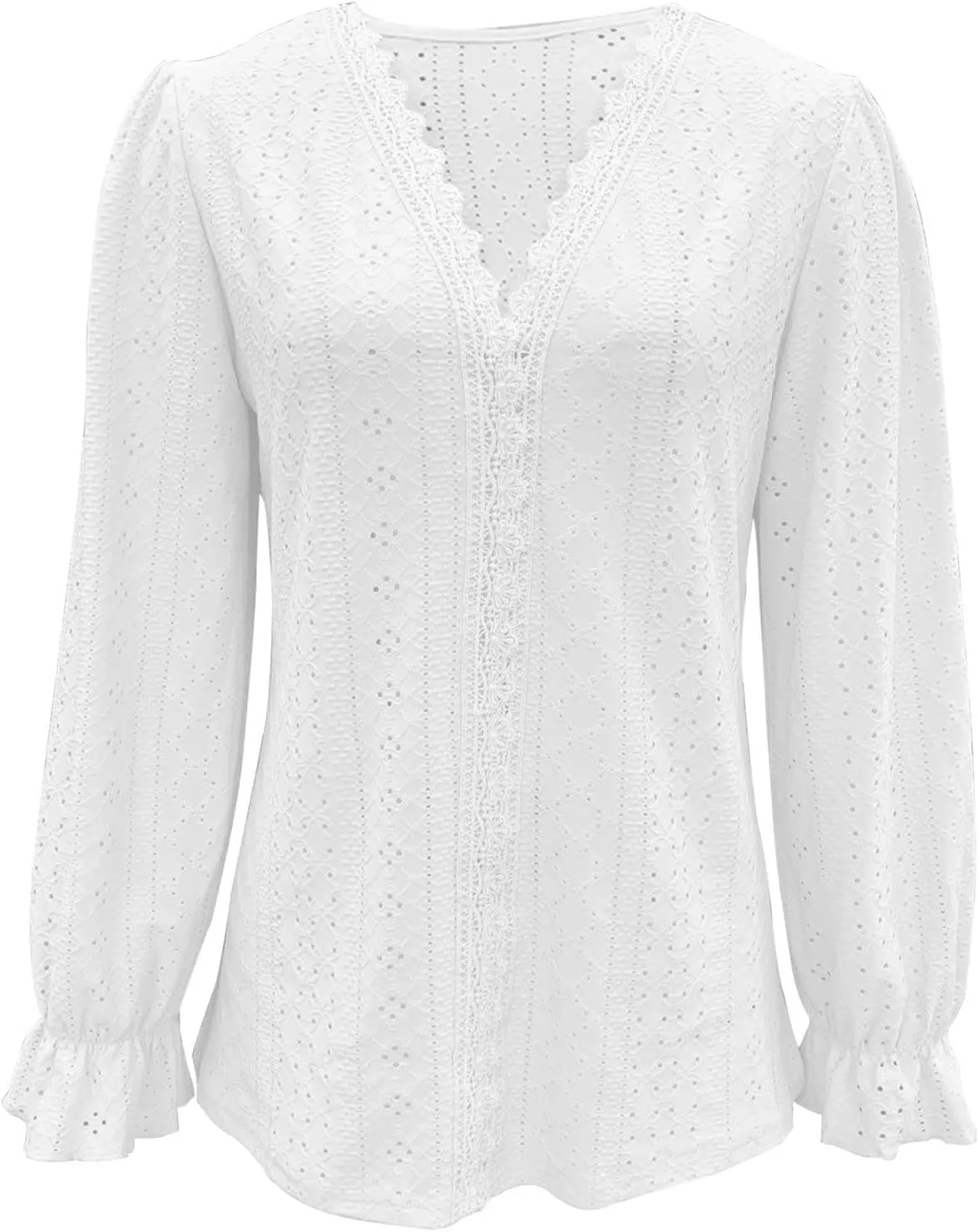 Womens Elegant T Shirts Casual Hollow Out Embroidered Ruffle Trim Long Sleeve Blouse Fashion V Neck Party Holiday Top