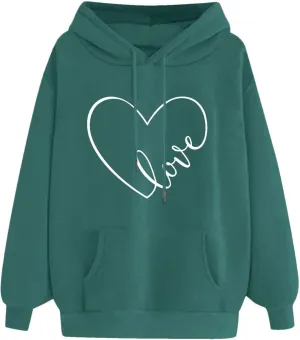 Women's Fashion Hoodies & Sweatshirts Long Sleeve Heart Graphic Tee Shirts Causal Drawstring Hoodies Vacation Outfits